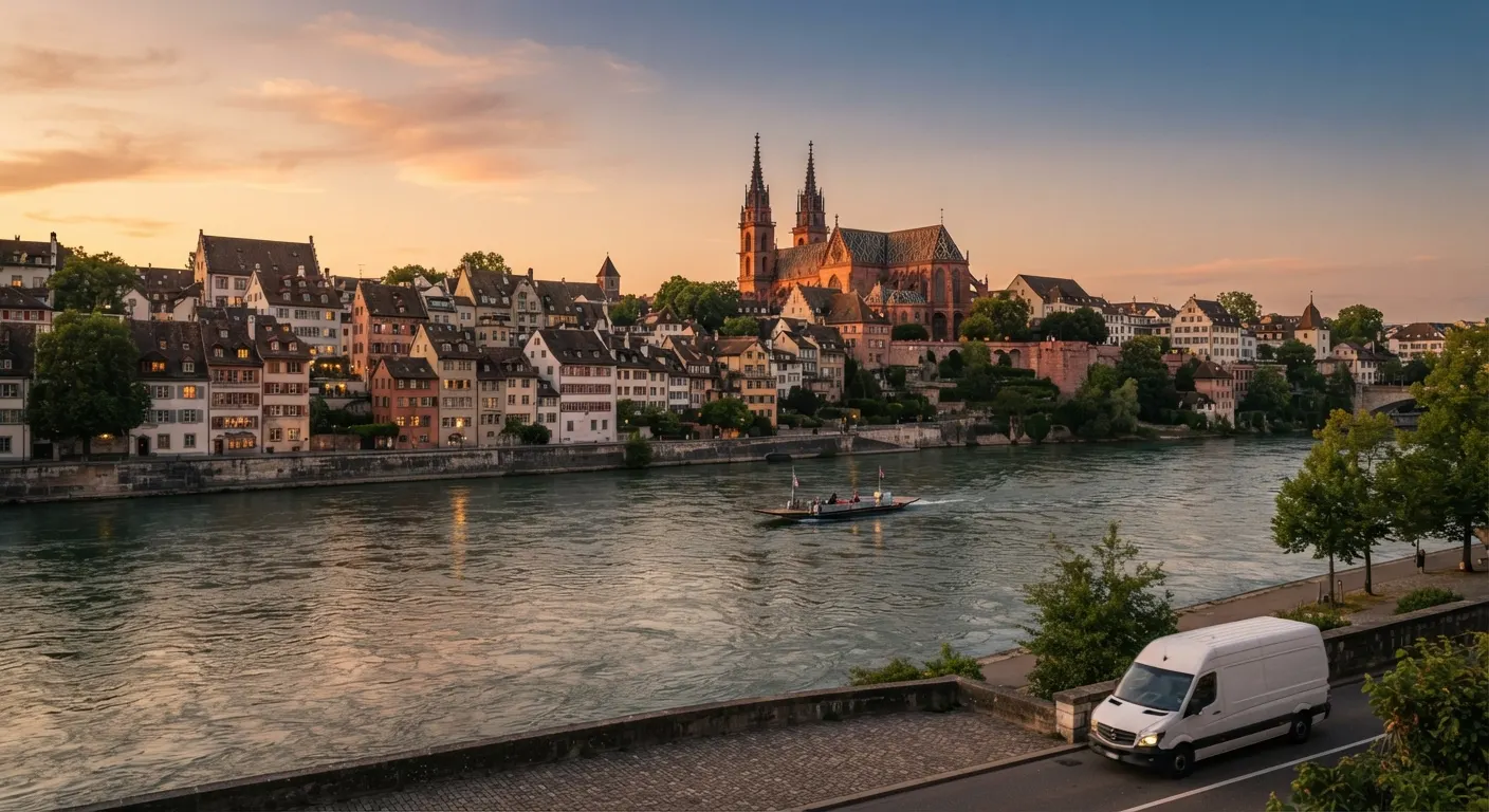 Basler Rheinufer mit Altstadthäusern, Münster und einer Rheinfähre